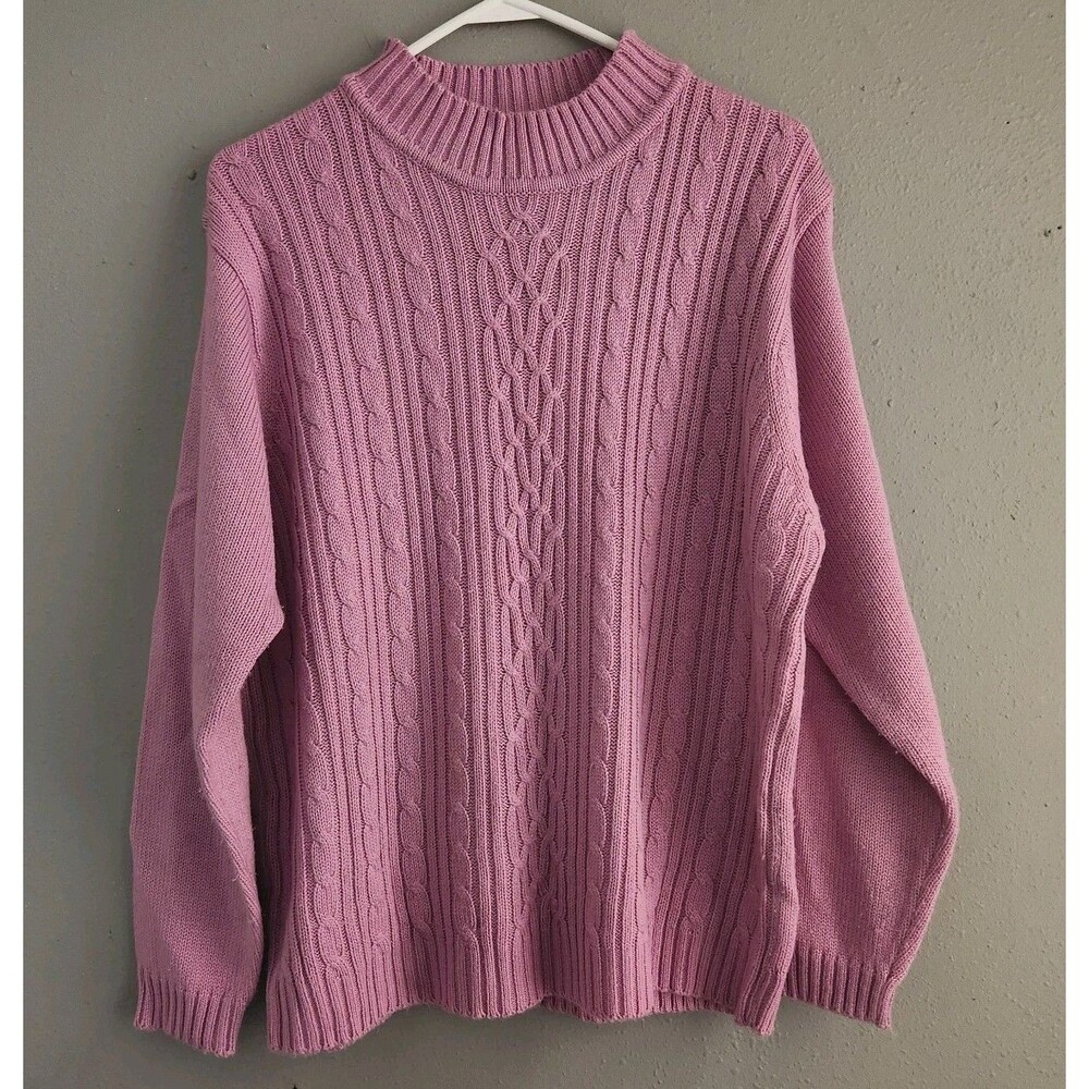 VTG 90s Haband Pink Cable Knit Mock Neck Sweater L Cottagecore Coquette Preppy